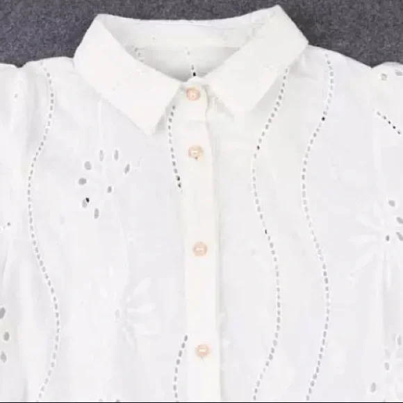 SOLD OUT White Boho Floral Eyelet Button Up Blouse - Picture 10 of 15
